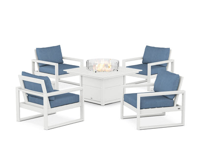 POLYWOOD® EDGE Sectional 5-Piece Deep Seating Set with Fire Pit Table in White / Sky Blue