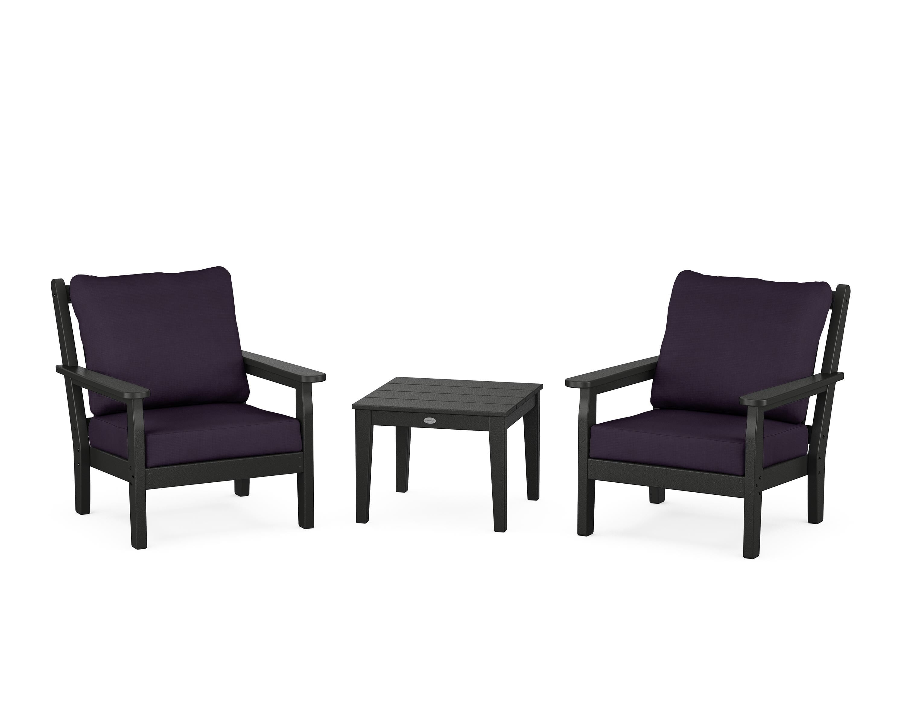 POLYWOOD® Chippendale 3-Piece Deep Seating Set in Black / Navy Linen