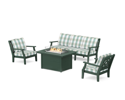 Martha Stewart by POLYWOOD® Chinoiserie Deep Seating Fire Pit Table Set in Green / Buffalo Plaid Glacier Spa