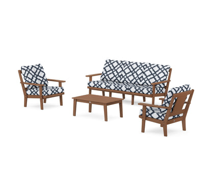 POLYWOOD® Prairie 4-Piece Deep Seating Set with Sofa in Teak / Trellis Marine Indigo