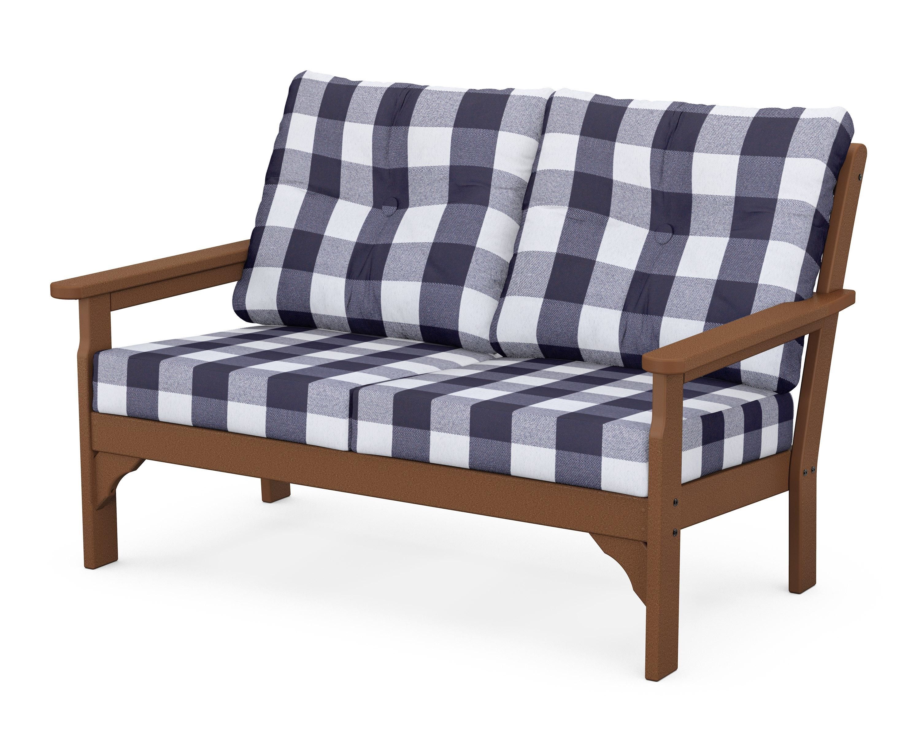 POLYWOOD® Vineyard Deep Seating Loveseat in Teak / Buffalo Plaid Navy