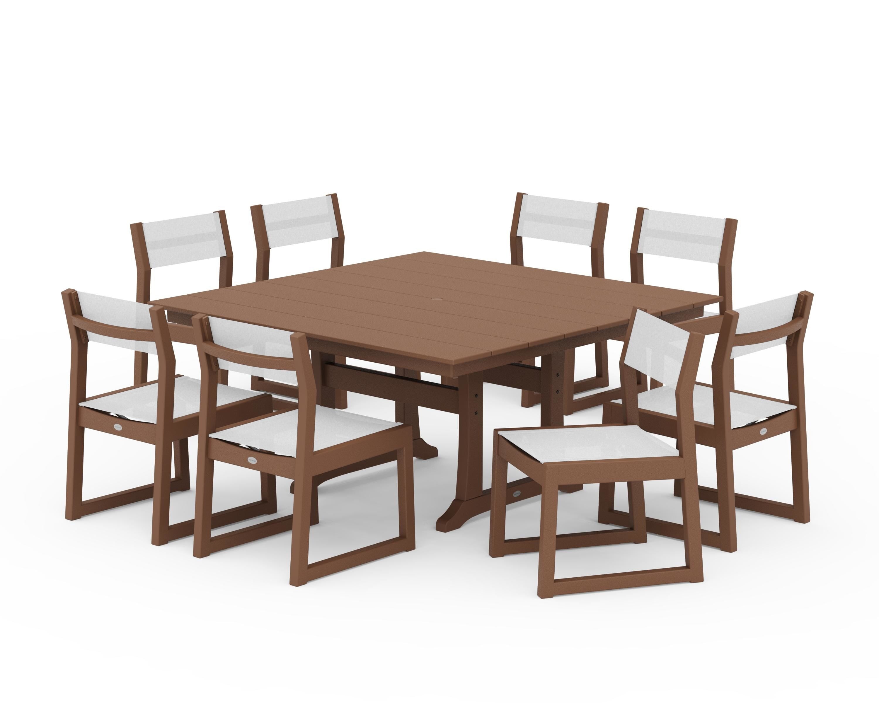POLYWOOD® EDGE Sling Side Chair 9-Piece Farmhouse Trestle Dining Set in Teak / White Sling