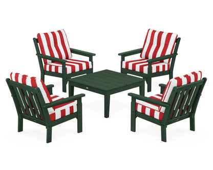POLYWOOD® Vineyard 5-Piece Deep Seating Conversation Set in Green / Cabana Stripe Crimson