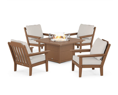 Country Living Cottage 5-Piece Deep Seating Set with Fire Pit Table in Teak / Cast Ash
