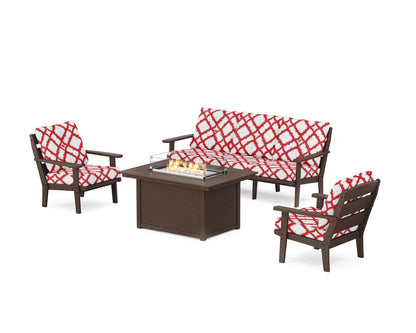 POLYWOOD® Lakeside Deep Seating Fire Pit Table Set in Mahogany / Trellis Crimson