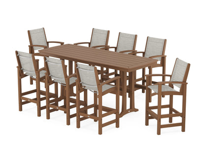 POLYWOOD® Coastal 9-Piece Bar Set with Trestle Legs in Teak / Birch Sling