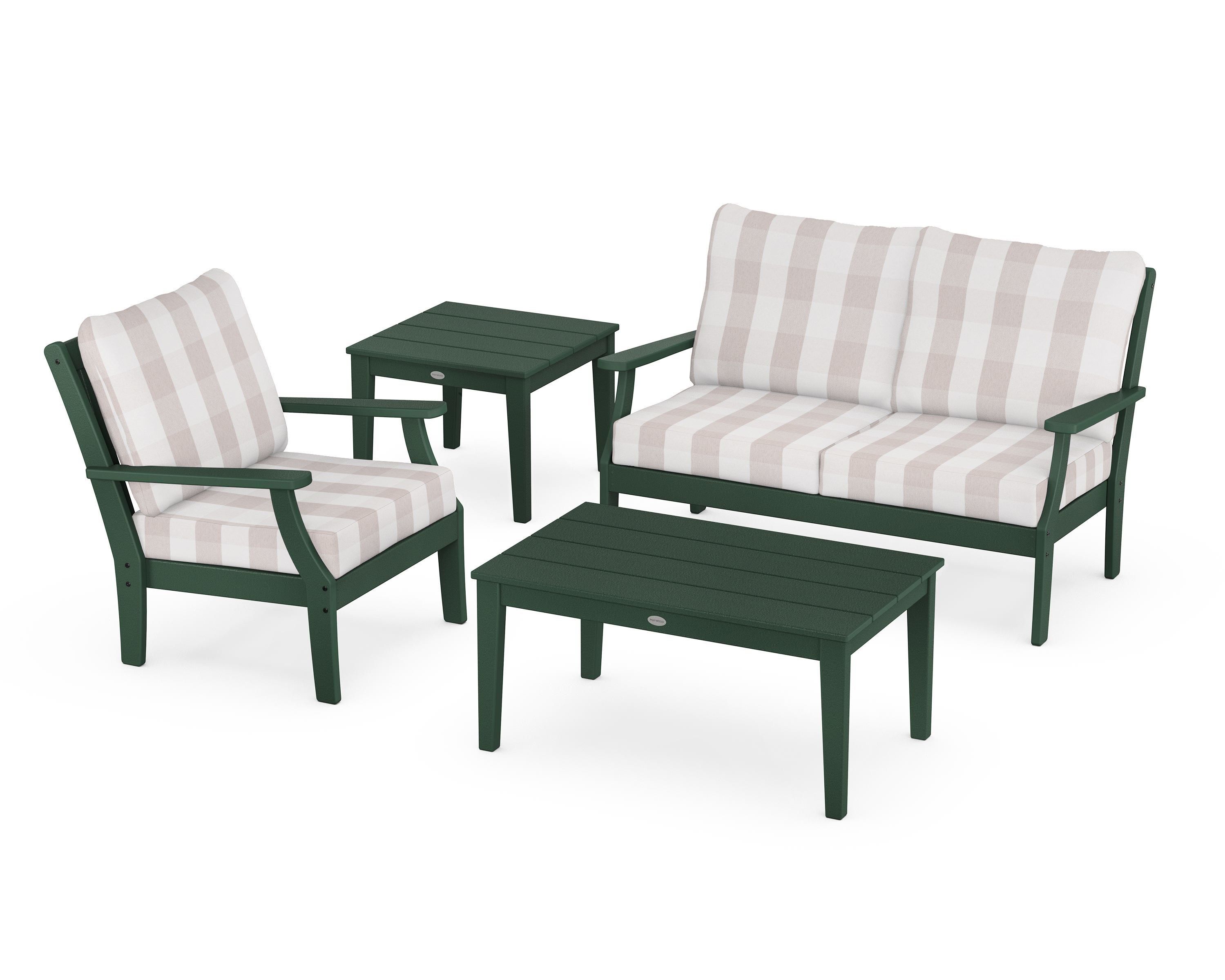 POLYWOOD® Braxton 4-Piece Deep Seating Set in Green / Buffalo Plaid Dune Burlap