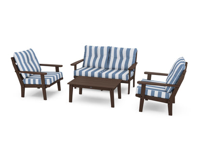 POLYWOOD® Lakeside 4-Piece Deep Seating Set in Mahogany / Cabana Stripe Sky Blue