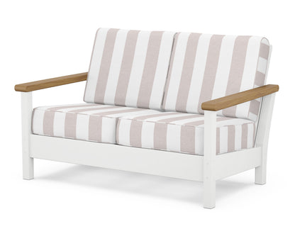 POLYWOOD® Harbour Deep Seating Loveseat in White / Natural / Cabana Stripe Dune Burlap