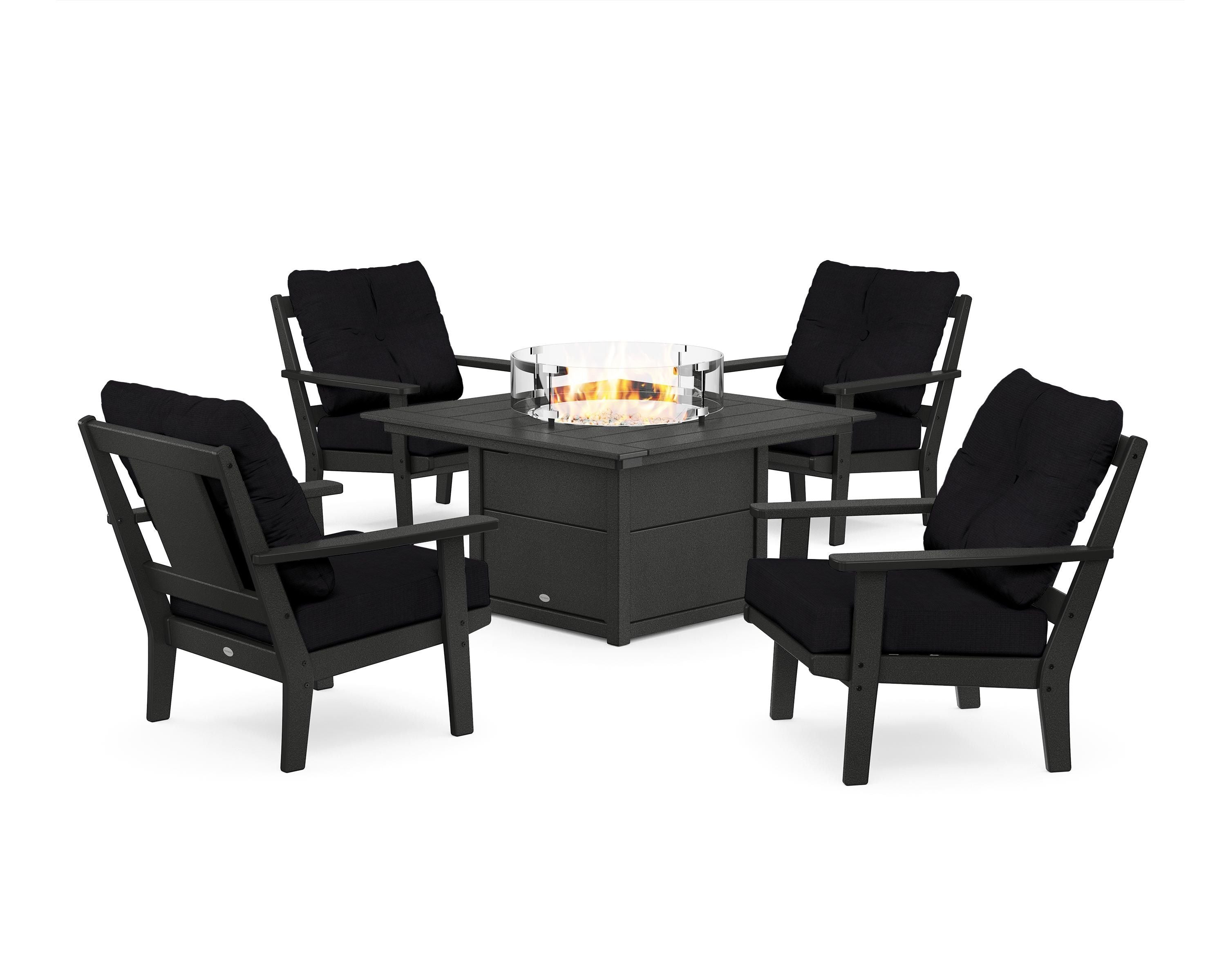 POLYWOOD® Prairie 5-Piece Deep Seating Set with Fire Pit Table in Black / Midnight Linen