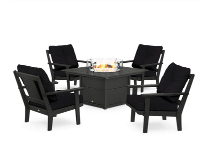 POLYWOOD® Prairie 5-Piece Deep Seating Set with Fire Pit Table in Black / Midnight Linen