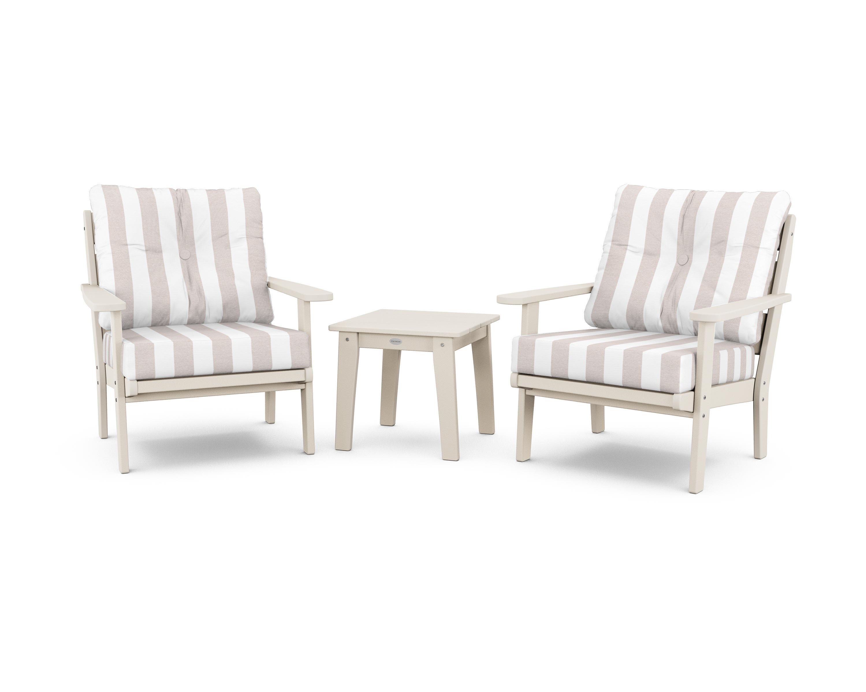 POLYWOOD® Lakeside 3-Piece Deep Seating Chair Set in Sand / Cabana Stripe Dune Burlap