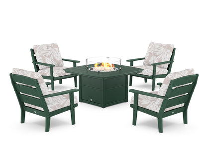POLYWOOD® Lakeside 5-Piece Deep Seating Set with Nautical Fire Pit Table in Green / Leaf Dune Burlap