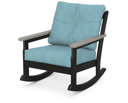POLYWOOD® Vineyard Deep Seating Rocking Chair in Black / Driftwood / Lattice Sky Blue