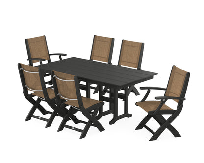 POLYWOOD® Coastal Folding Chair 7-Piece Farmhouse Dining Set in Black / Burlap Sling