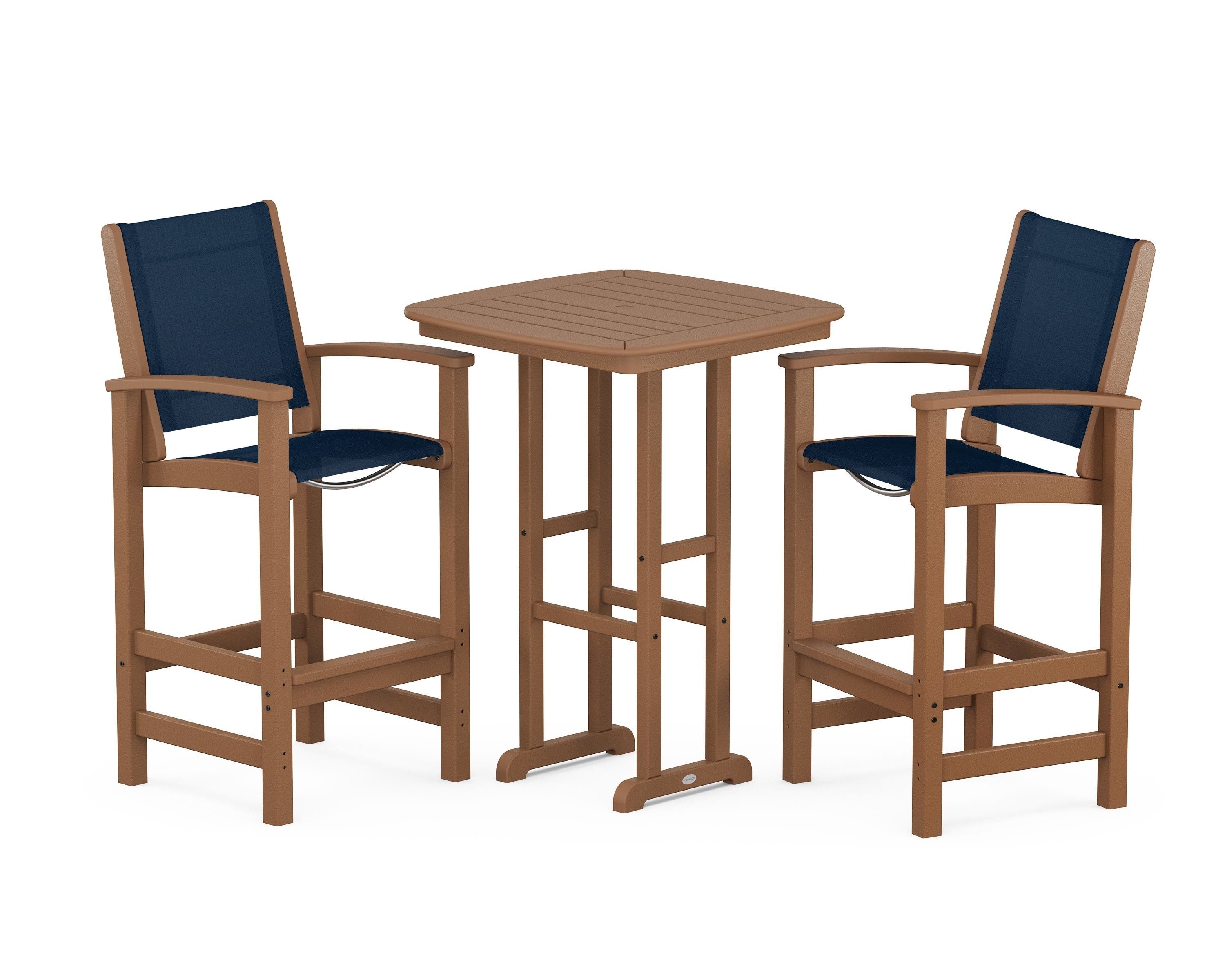 POLYWOOD® Coastal 3-Piece Bar Set in Teak / Navy Blue Sling