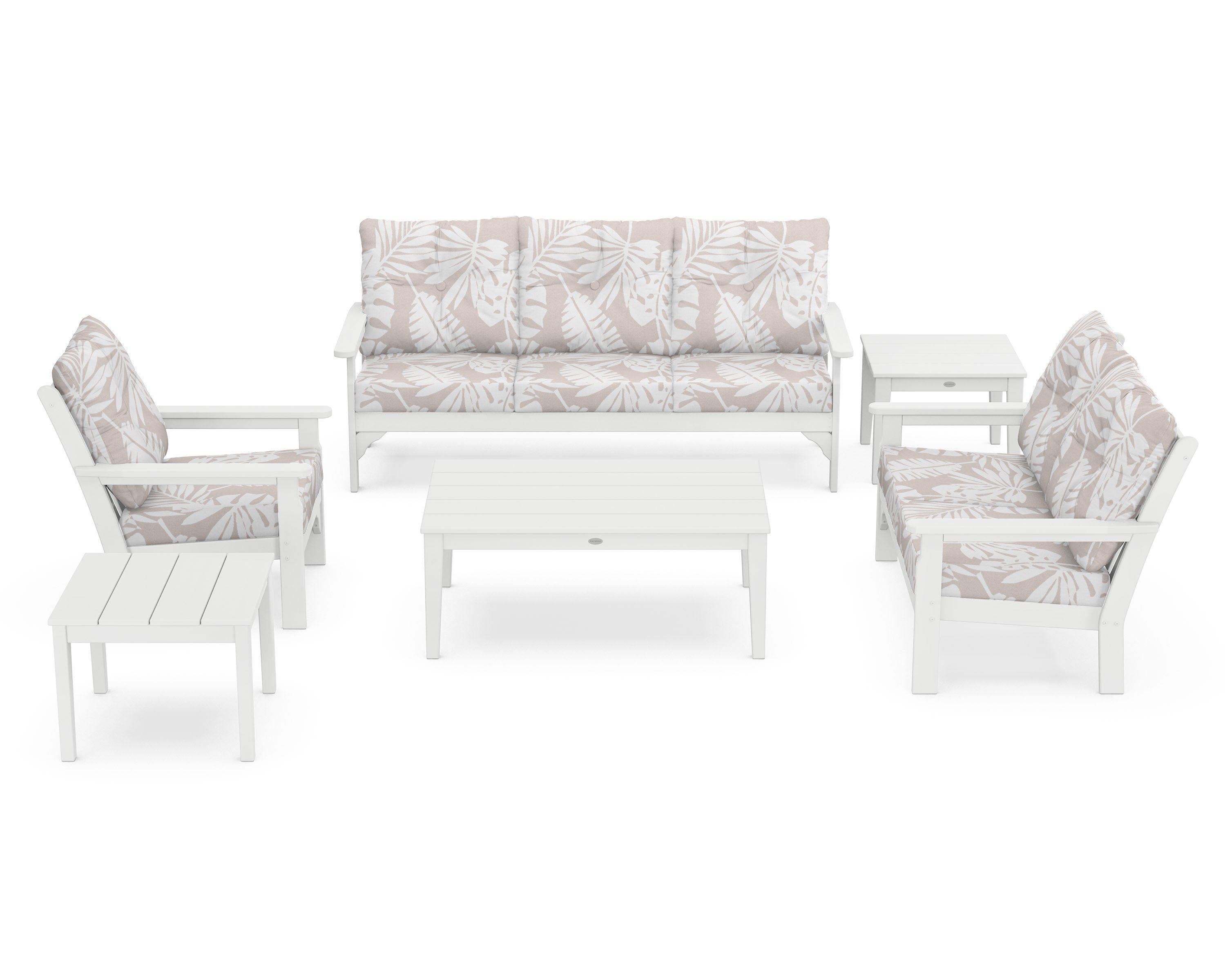 POLYWOOD® Vineyard 6-Piece Deep Seating Set in White / Leaf Dune Burlap