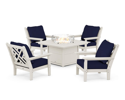 POLYWOOD® Chippendale 5-Piece Deep Seating Set with Fire Pit Table in Sand / Navy