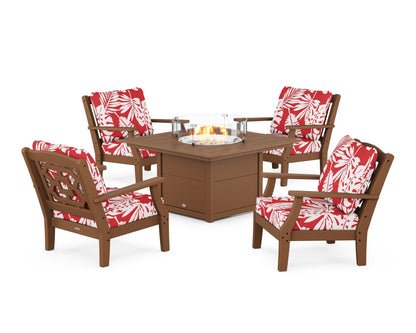Martha Stewart by POLYWOOD® Chinoiserie 5-Piece Deep Seating Set with Fire Pit Table in Teak / Leaf Crimson