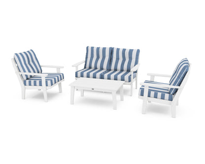 POLYWOOD® Lakeside 4-Piece Deep Seating Set in White / Cabana Stripe Sky Blue