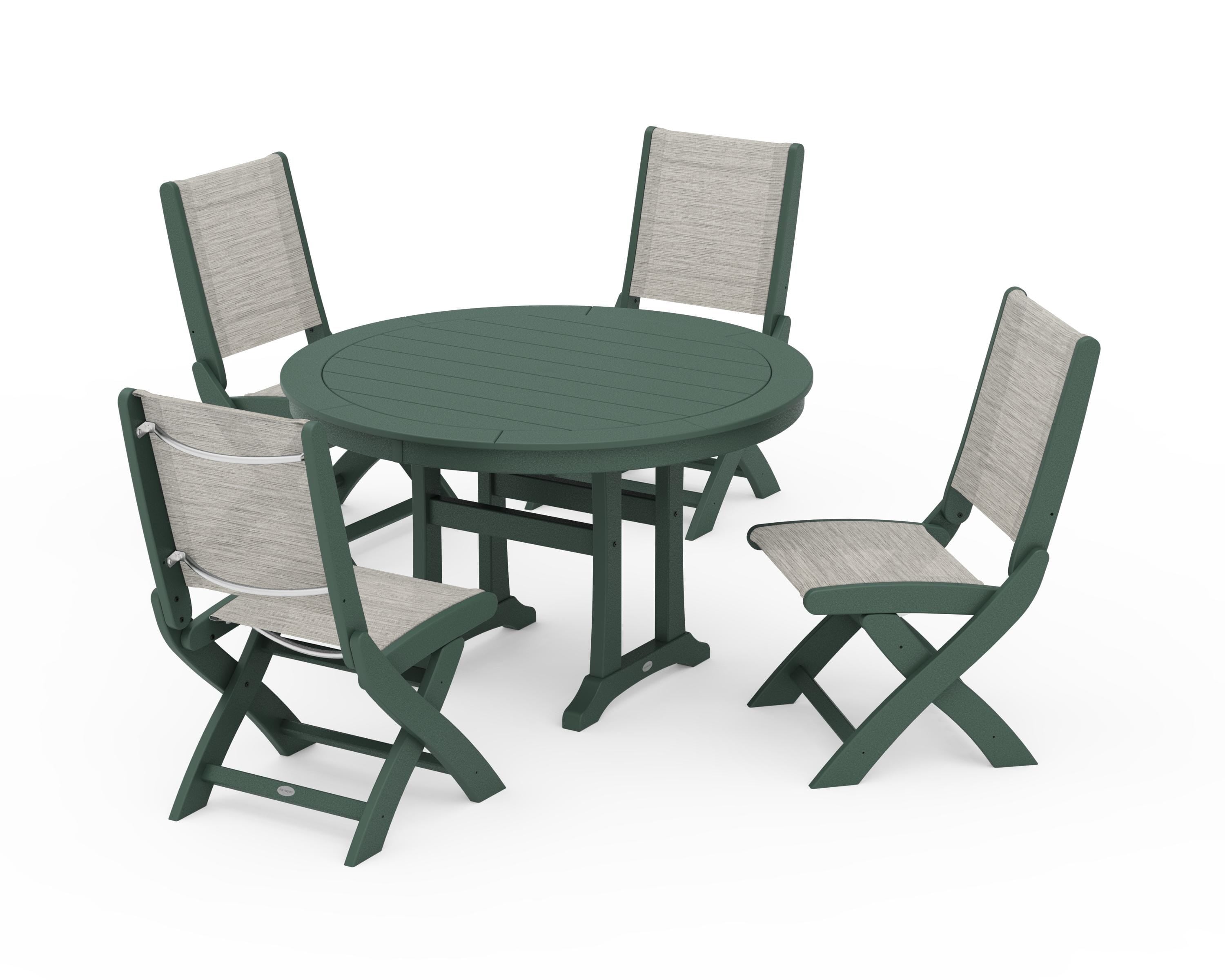 POLYWOOD® Coastal Folding Side Chair 5-Piece Round Dining Set With Trestle Legs in Green / Birch Sling