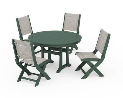 POLYWOOD® Coastal Folding Side Chair 5-Piece Round Dining Set With Trestle Legs in Green / Birch Sling