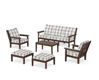 POLYWOOD® Chippendale 6-Piece Lounge Sofa Set in Mahogany / Buffalo Plaid Grey Mist