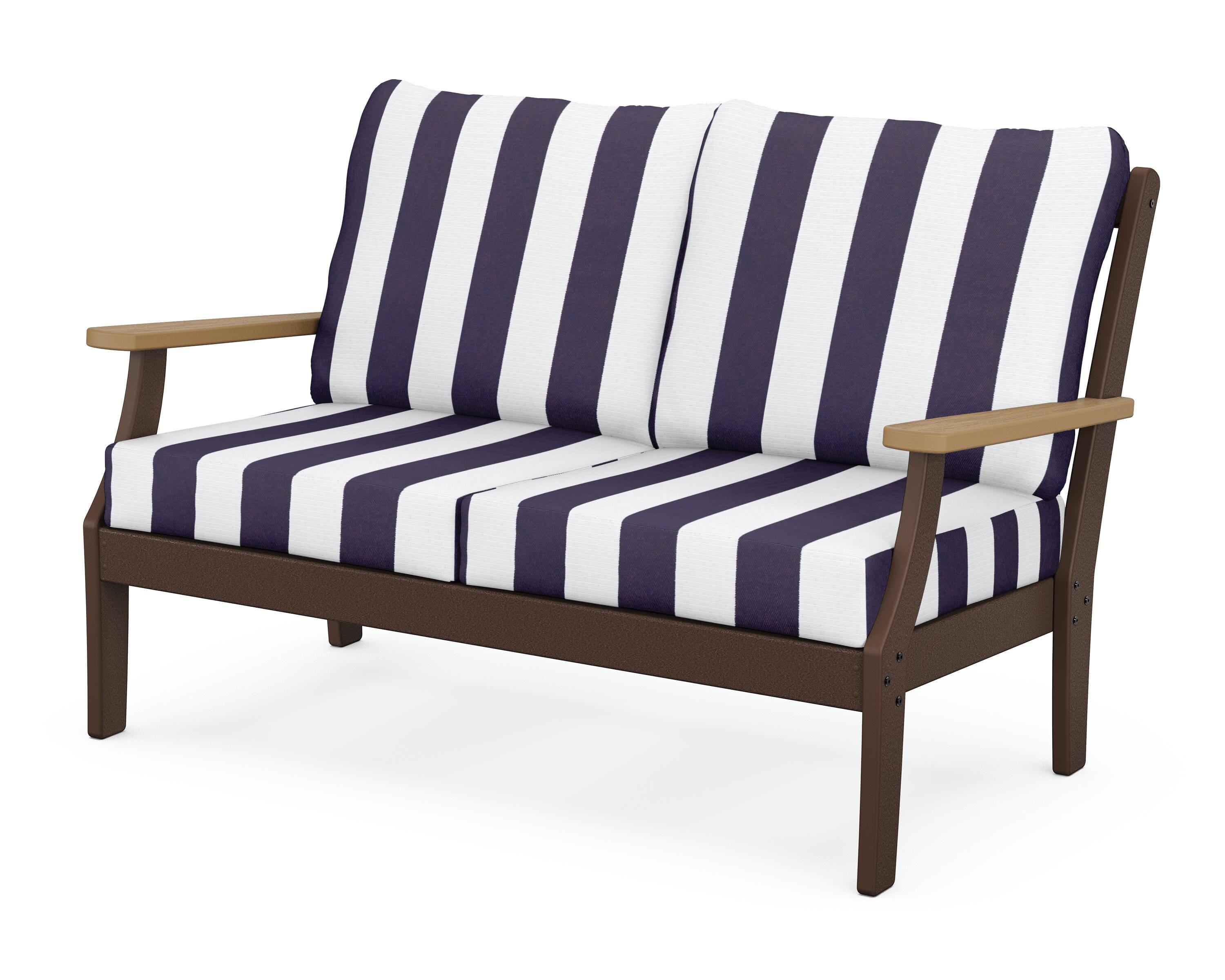 POLYWOOD® Braxton Deep Seating Loveseat in Mahogany / Natural / Cabana Stripe Navy