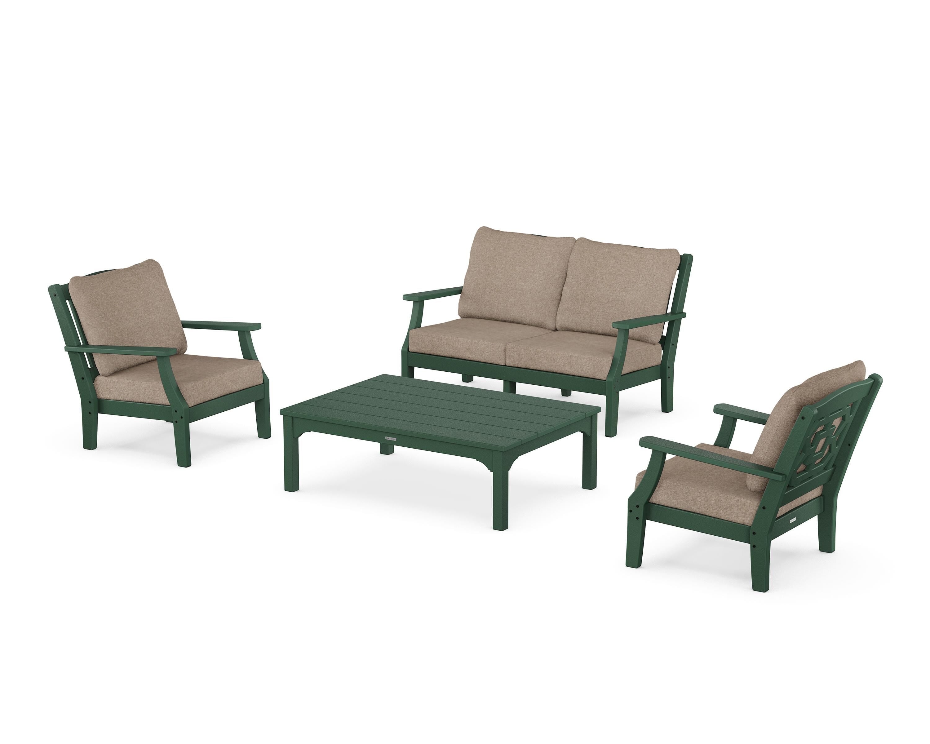 Martha Stewart by POLYWOOD® Chinoiserie 4-Piece Deep Seating Set with Loveseat in Green / Spiced Burlap
