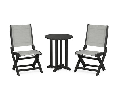 POLYWOOD® Coastal Folding Side Chair 3-Piece Round Bistro Dining Set in Black / Metallic Sling