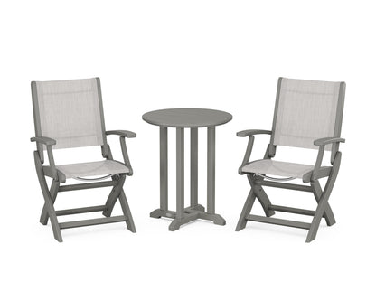 POLYWOOD® Coastal Folding 3-Piece Round Bistro Dining Set in Slate Grey / Parchment Sling