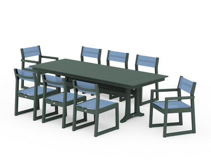 POLYWOOD® EDGE Sling 9-Piece Farmhouse Trestle Dining Set in Green / Poolside Sling
