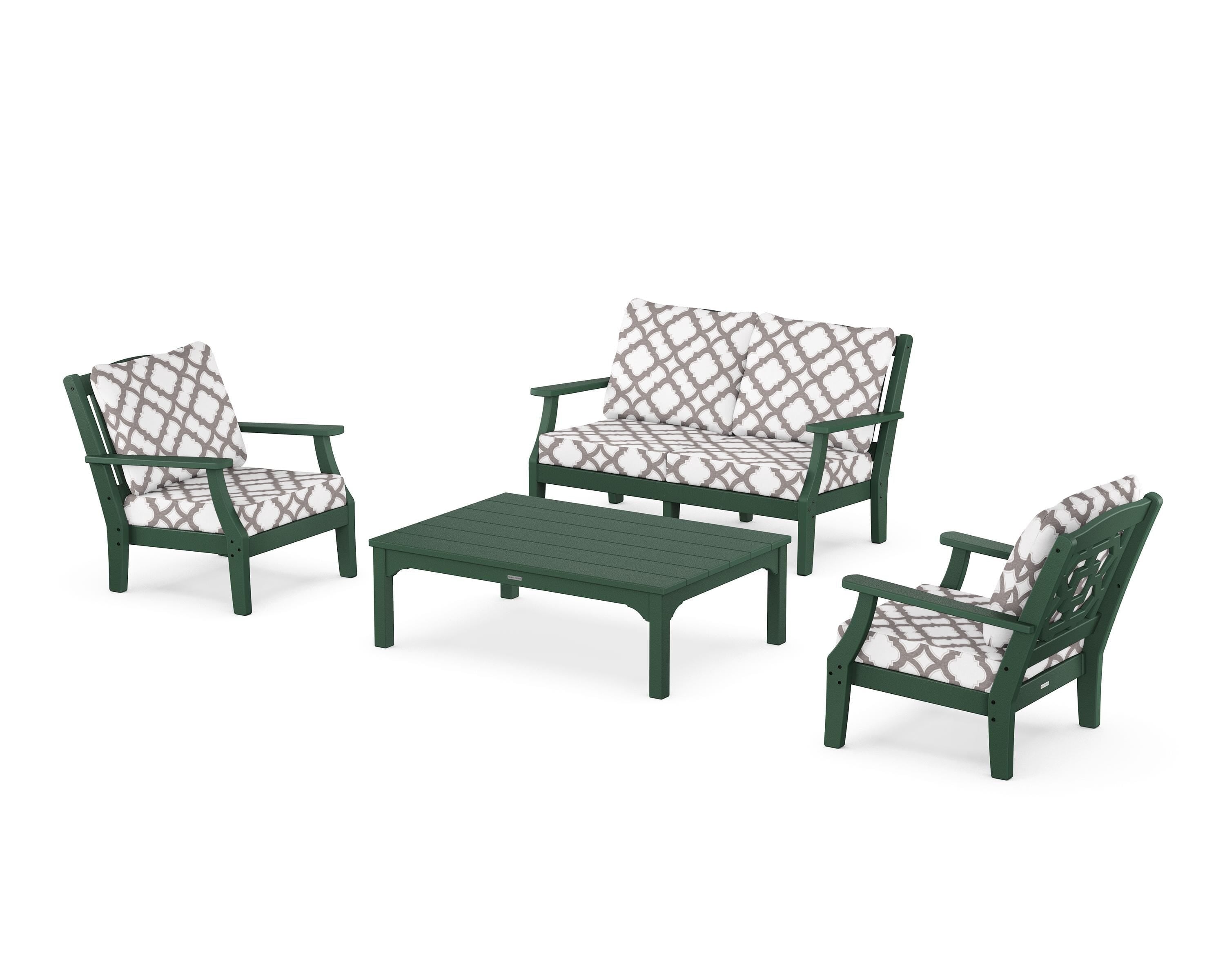 Martha Stewart by POLYWOOD® Chinoiserie 4-Piece Deep Seating Set with Loveseat in Green / Trellis Grey Mist