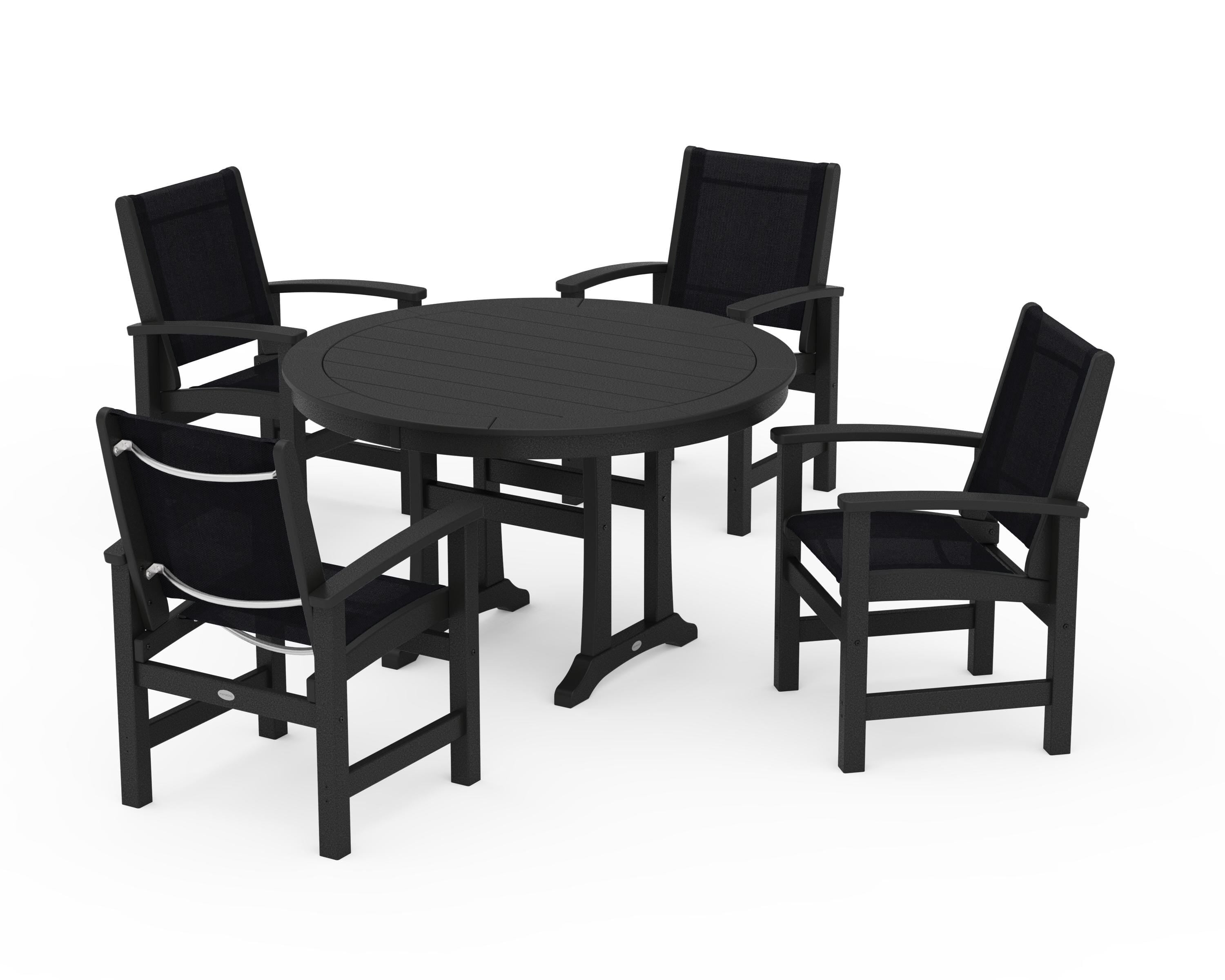 POLYWOOD® Coastal 5-Piece Round Dining Set with Trestle Legs in Black / Black Sling