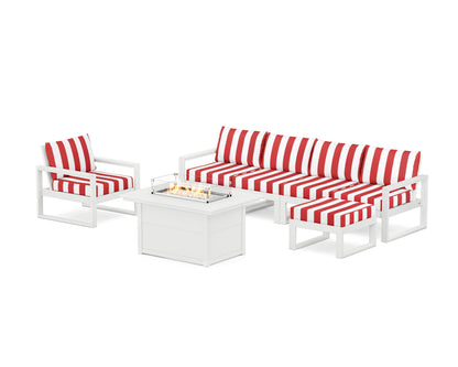 POLYWOOD® EDGE Sectional Lounge and Fire Pit Set in White / Cabana Stripe Crimson
