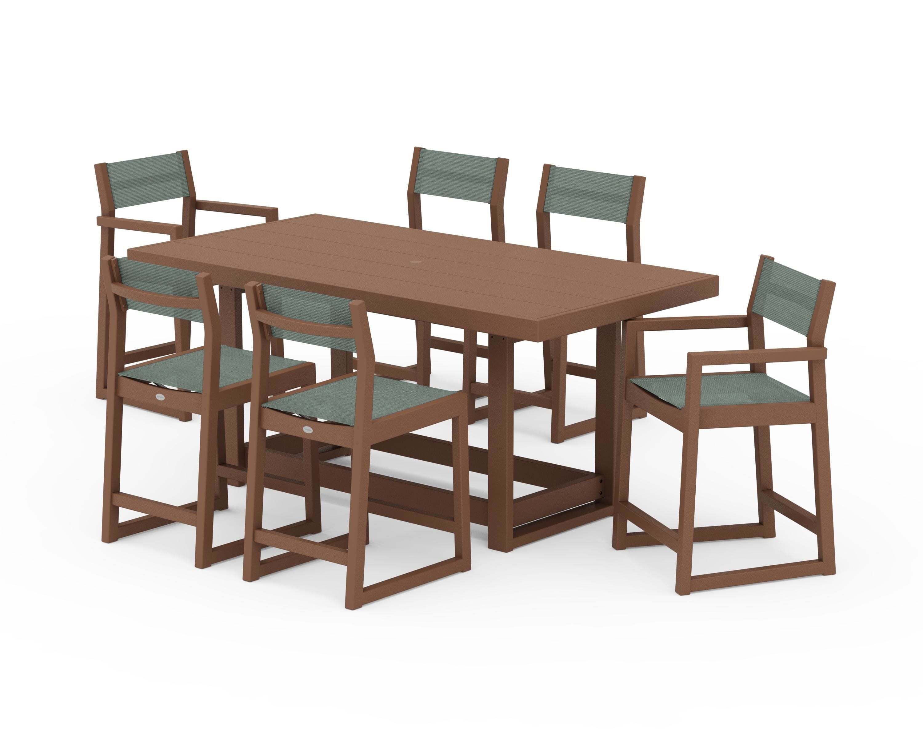 POLYWOOD® EDGE Sling 7-Piece Counter Table Set in Teak / Dupioni Sea Mist Sling