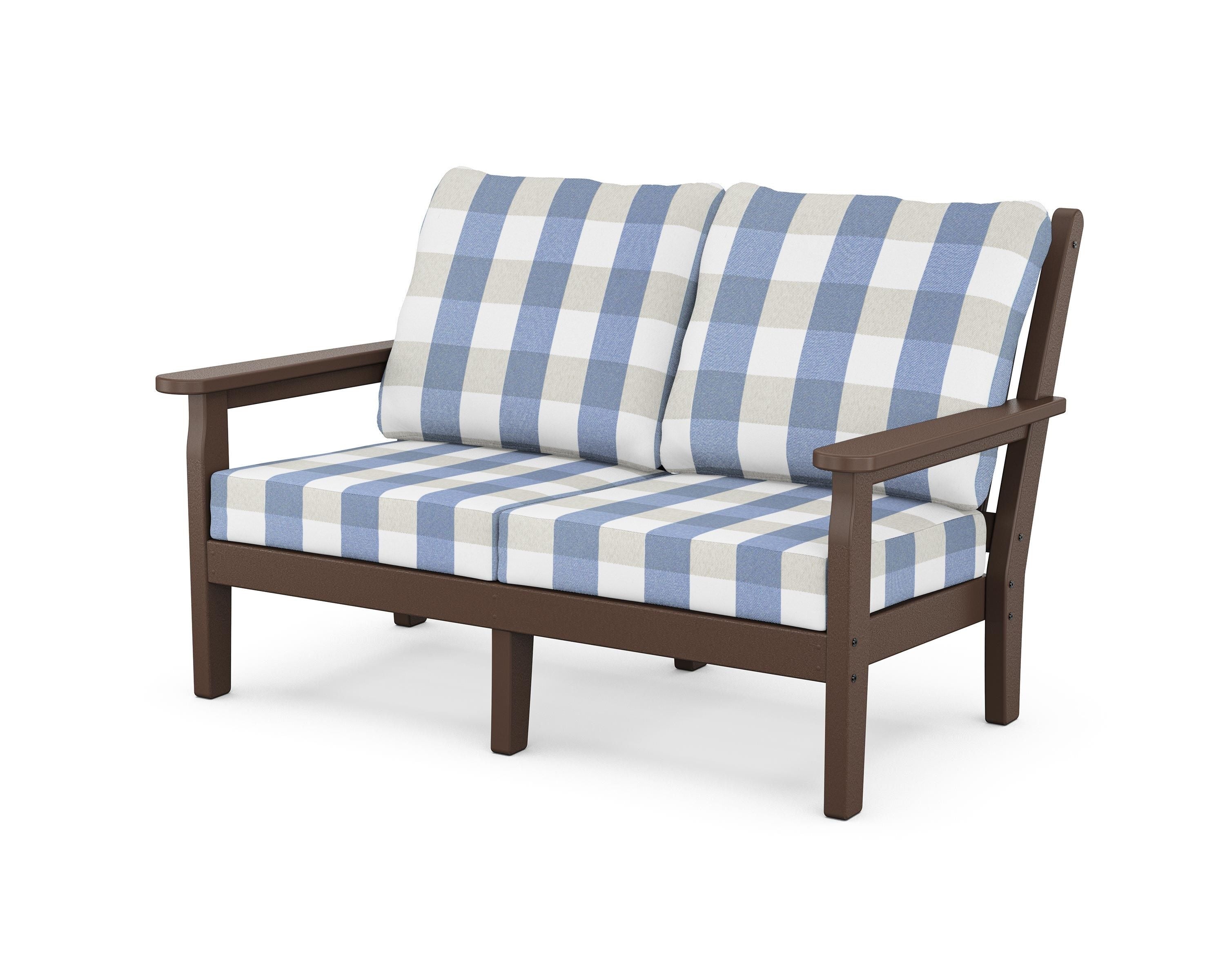 POLYWOOD® Chippendale Deep Seating Loveseat in Mahogany / Buffalo Plaid Sky Blue