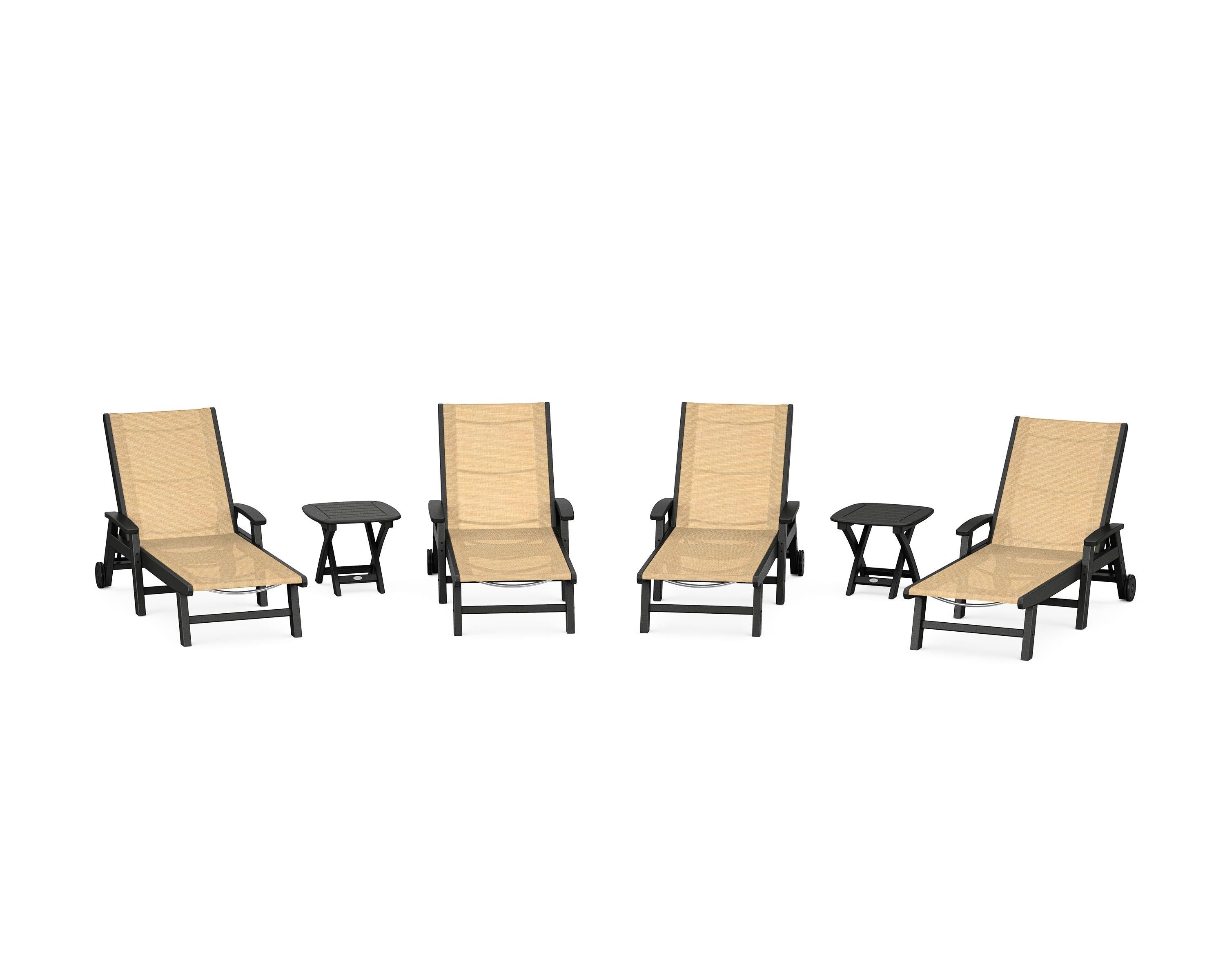 POLYWOOD® Coastal Chaise 6-Piece Set with Wheels in Black / Dupioni Apricot Sling