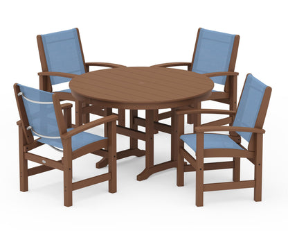 POLYWOOD® Coastal 5-Piece Round Farmhouse Dining Set in Teak / Poolside Sling