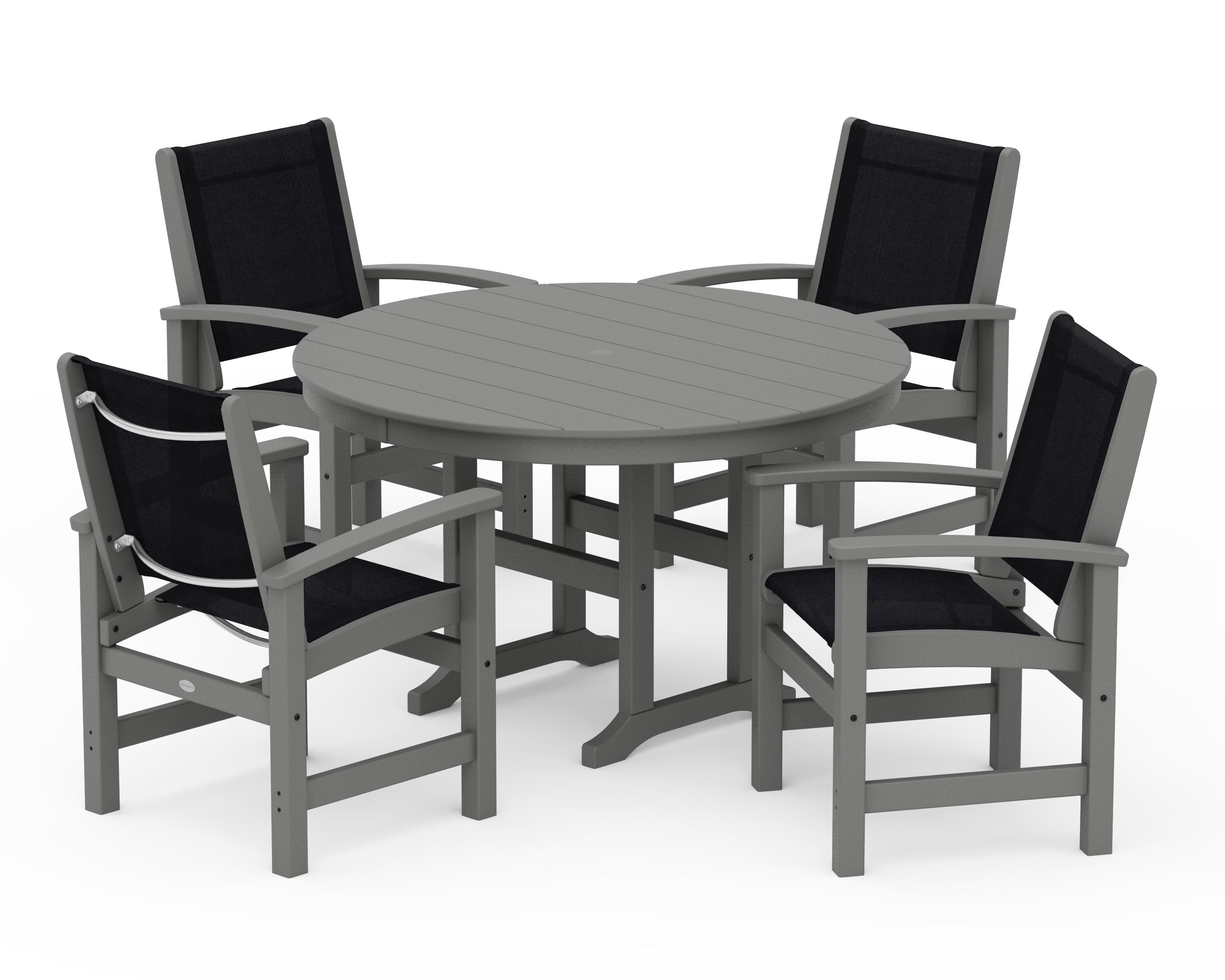 POLYWOOD® Coastal 5-Piece Round Farmhouse Dining Set in Slate Grey / Black Sling