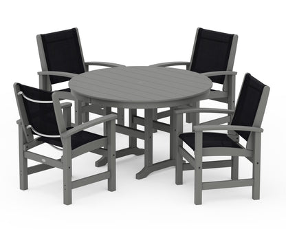POLYWOOD® Coastal 5-Piece Round Farmhouse Dining Set in Slate Grey / Black Sling