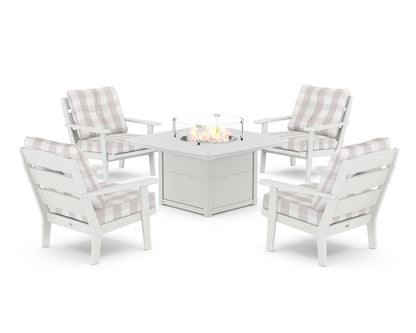 POLYWOOD® Lakeside 5-Piece Deep Seating Set with Nautical Fire Pit Table in White / Buffalo Plaid Dune Burlap
