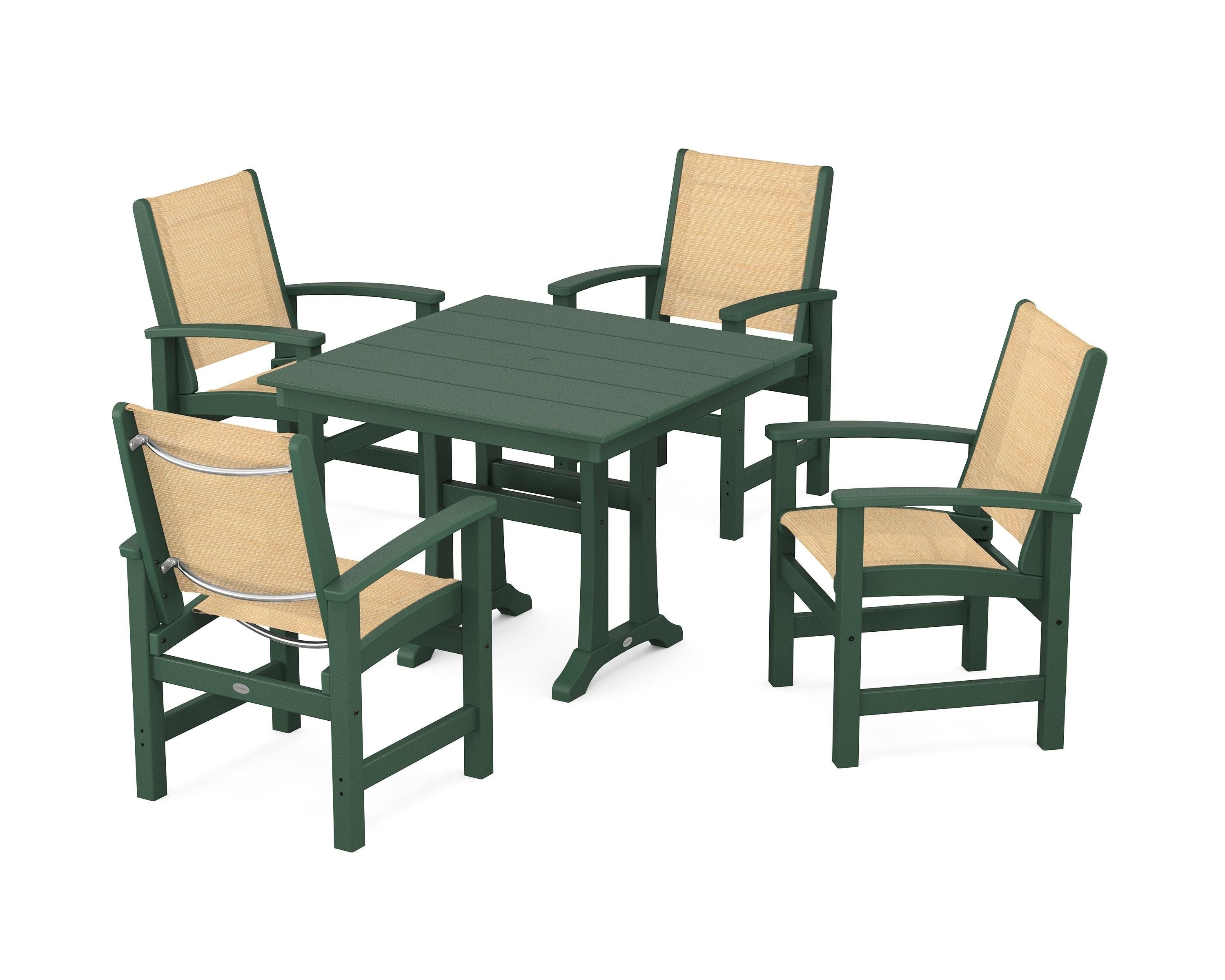 POLYWOOD® Coastal 5-Piece Farmhouse Dining Set With Trestle Legs in Green / Dupioni Apricot Sling