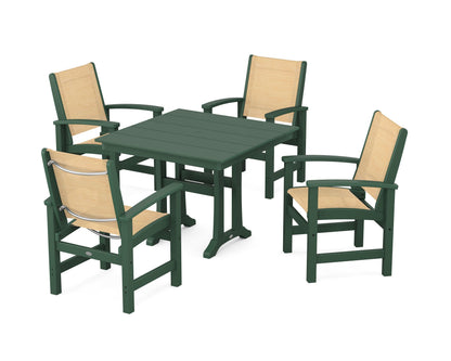 POLYWOOD® Coastal 5-Piece Farmhouse Dining Set With Trestle Legs in Green / Dupioni Apricot Sling