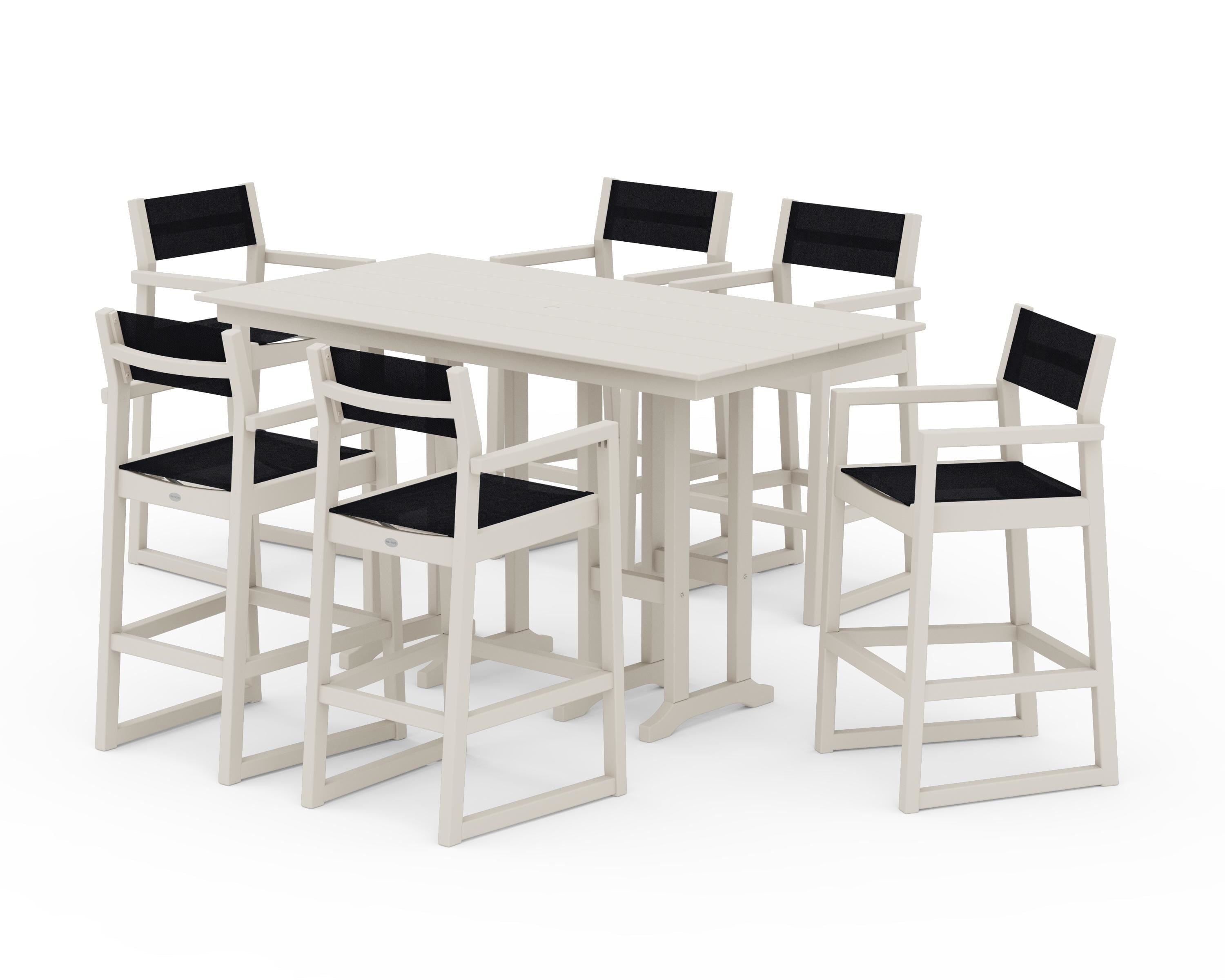 POLYWOOD® EDGE Sling Arm Chair 7-Piece Farmhouse Bar Set in Sand / Black Sling