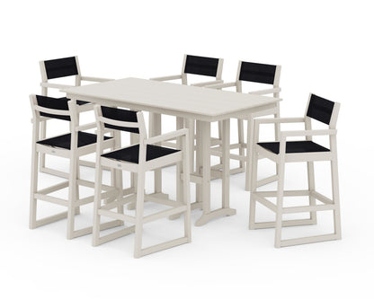 POLYWOOD® EDGE Sling Arm Chair 7-Piece Farmhouse Bar Set in Sand / Black Sling
