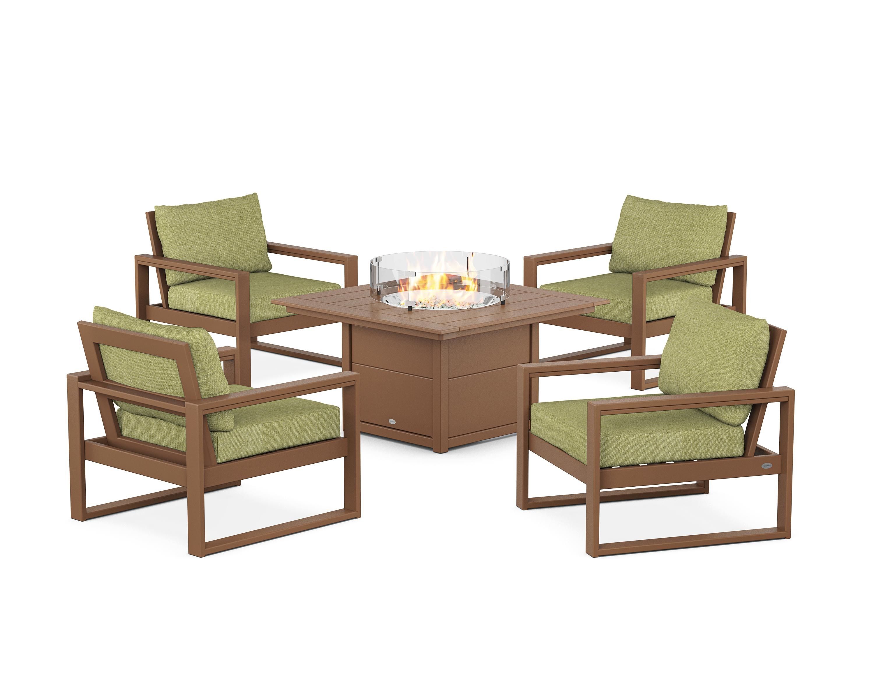 POLYWOOD® EDGE Sectional 5-Piece Deep Seating Set with Fire Pit Table in Teak / Chartreuse Boucle