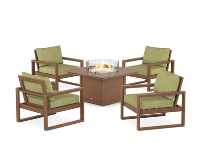 POLYWOOD® EDGE Sectional 5-Piece Deep Seating Set with Fire Pit Table in Teak / Chartreuse Boucle