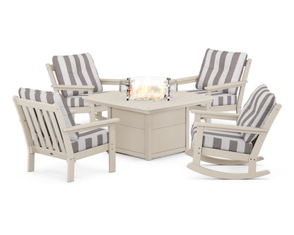 POLYWOOD® Vineyard 5-Piece Deep Seating Rocking Chair Conversation Set with Fire Pit Table in Sand / Cabana Stripe Grey Mist