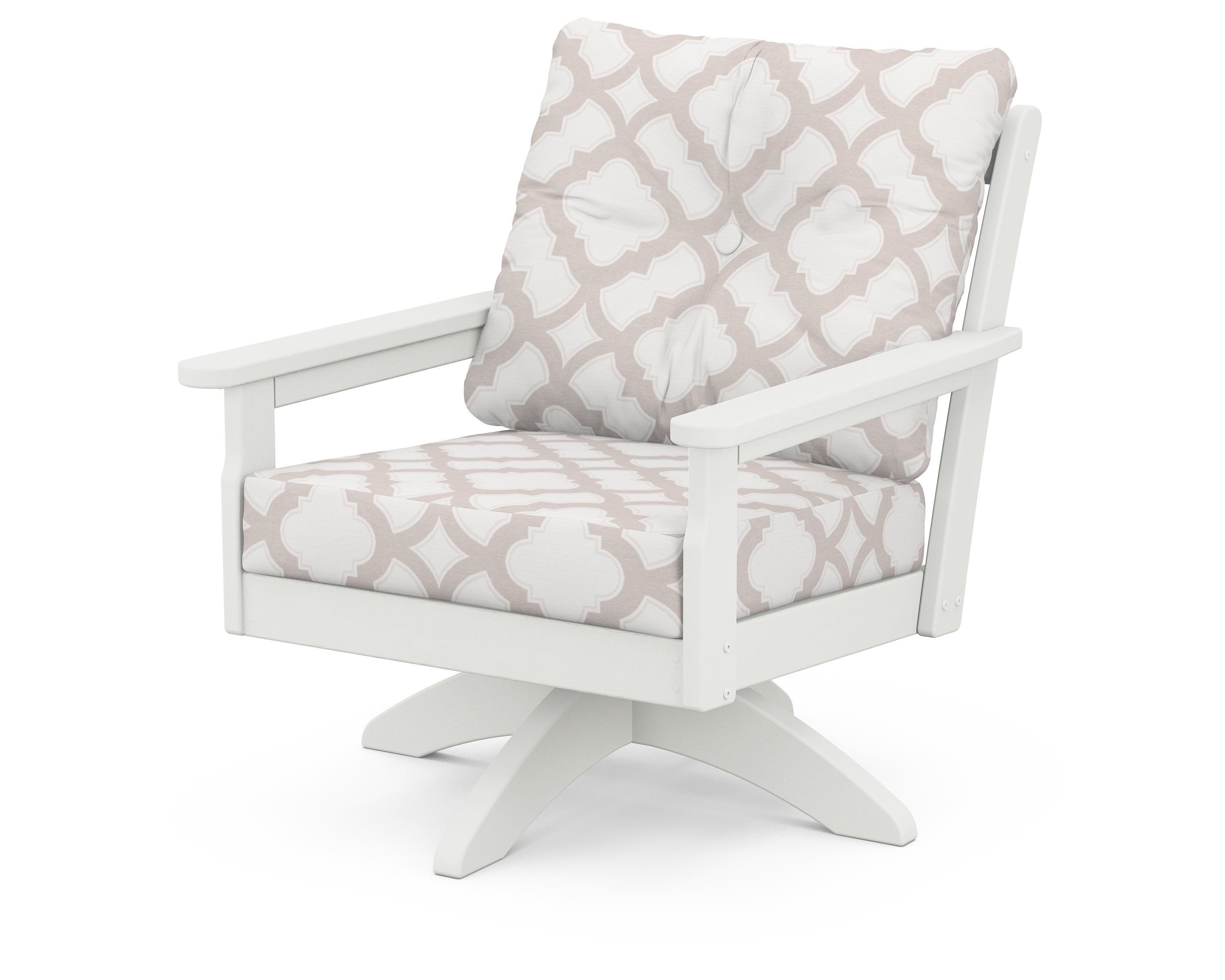 POLYWOOD® Vineyard Deep Seating Swivel Chair in Vintage White / Trellis Dune Burlap